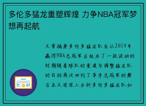 多伦多猛龙重塑辉煌 力争NBA冠军梦想再起航